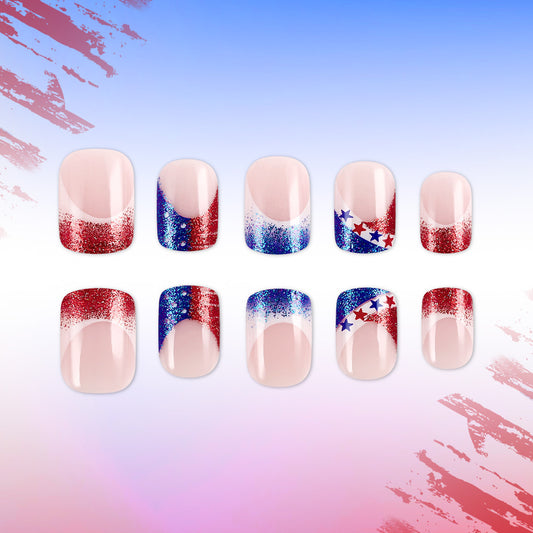 Star-Spangled Sparkle Press-On Nail Set in Short Square Shape with Red and Blue Glitter Finish