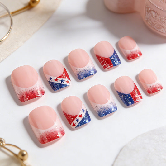 Patriotic Glamour Press On Nail Set in Short Length Square Shape Red and Blue with Glitter Gradient and Star Design