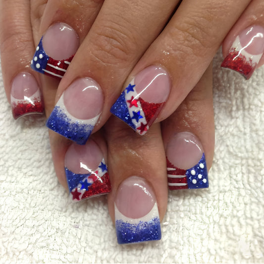 Celebration of Freedom Medium Square Glitter Gradient Red and Blue Press On Nail Set with Festive Star Accents
