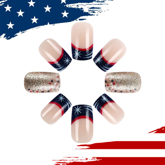 Patriotic Glamour Medium Square Red and Navy Blue Sparkling Nail Set with Starry Night Design
