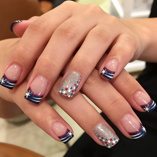 Patriotic Celebration Short Square Shape Blue and Silver Glitter Press On Nail Set with Star Accents