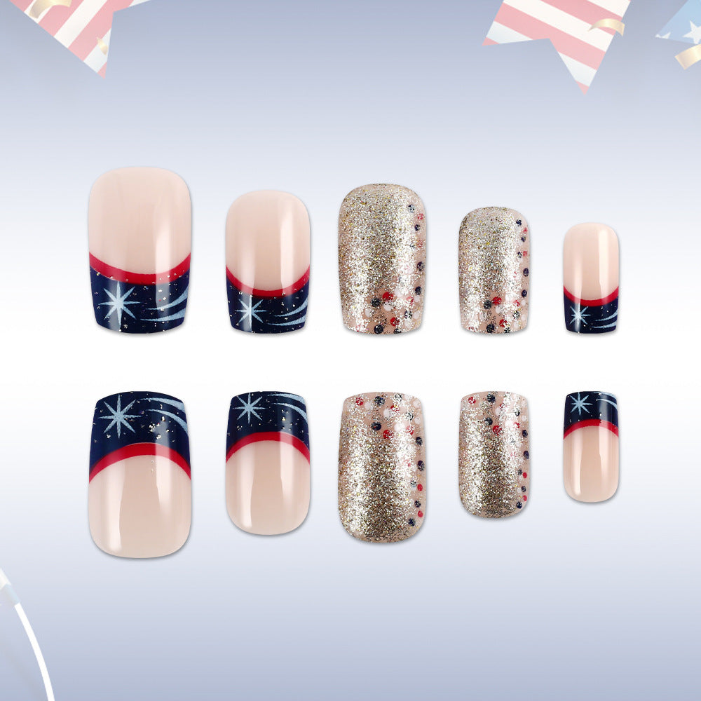 Starry Night Inspired Medium Oval Press-On Nail Set in Beige and Navy with Glittering Accents