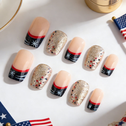 Patriotic Glamour Short Square Red Black and Gold Glitter Press-On Nail Set