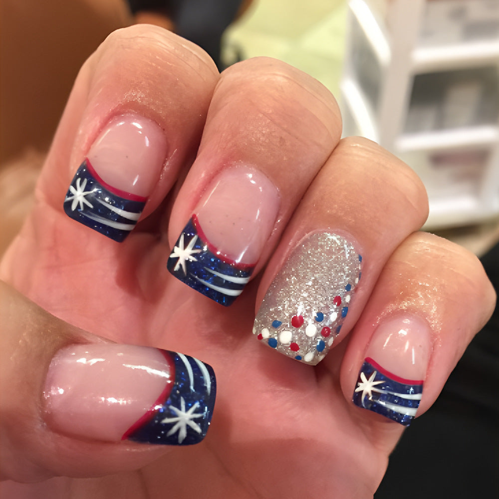 Patriotic Glamour Medium Square Glittery Blue and Red Press on Nail Set with Striking Star Accents