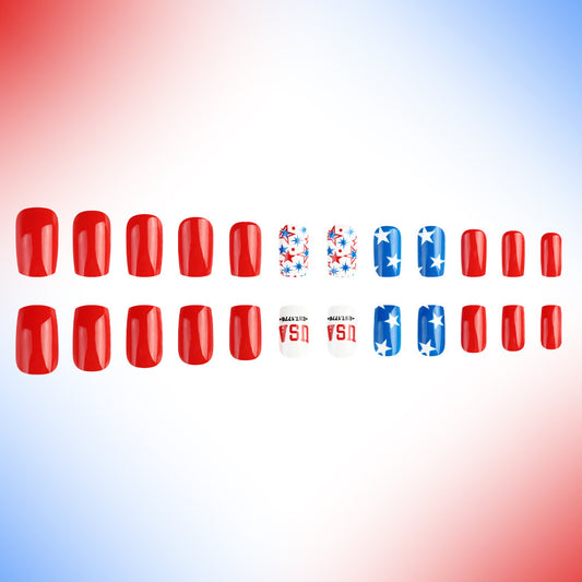 Patriotic Celebration Medium Square Bright Red with Stars and Stripes Design Press On Nail Set