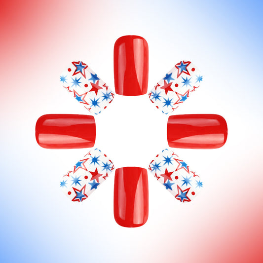Festive Starburst Red Press-On Nail Set in Medium Square Shape Featuring Bold Patriotic Design