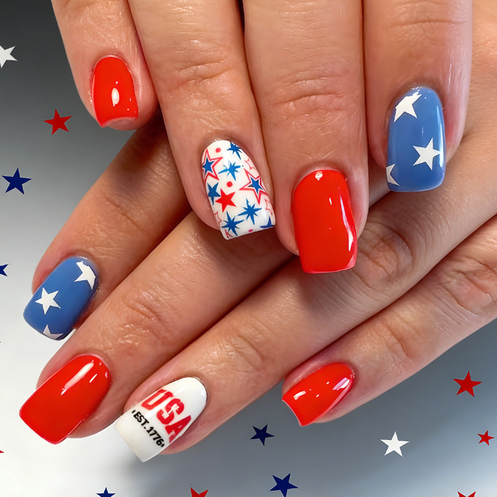 Patriotic Glamour Medium Square Red Blue and White Starry Nail Set with Bold USA Design