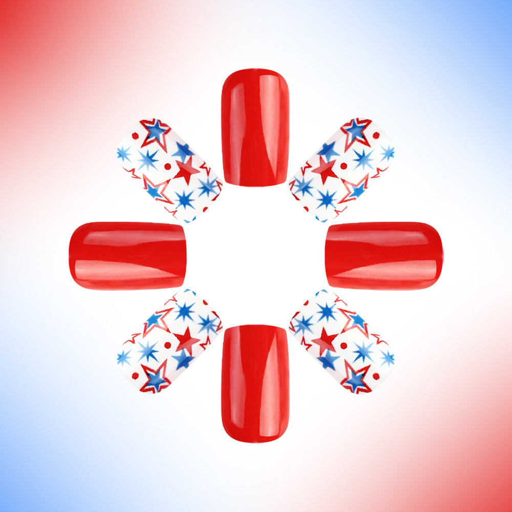 Starry Celebration Glossy Red Short Square Press-On Nail Set with Vibrant Patriotic Design