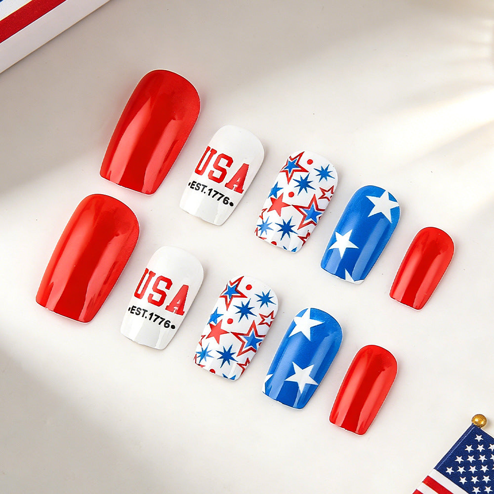 Patriotic Celebration Medium Square Red and White Blue with Stars and USA Print Press-On Nail Set