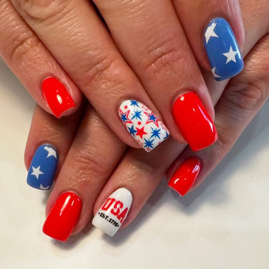 Patriotic Glamour Press On Nail Set Medium Square Shaped Bold Red and Blue with Starry Pattern and USA Accent