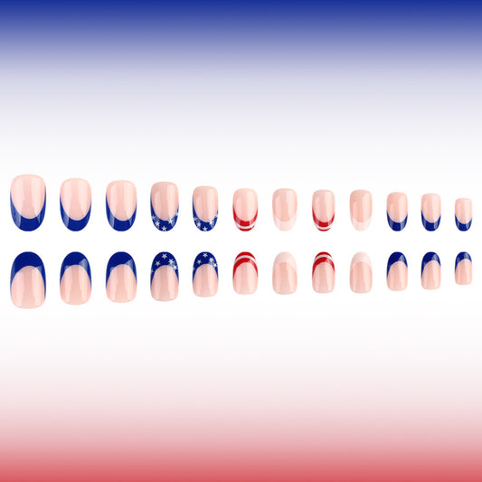 Patriotic Elegance Short Oval Blue and Red with Star Accents Press-On Nail Set