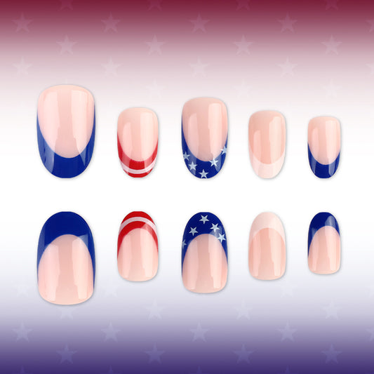 Patriotic Glamour Press-On Nails Medium Oval Blue and Red with Starry Design