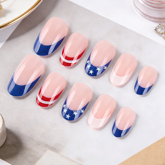 Patriotic Glamour Press On Nail Set Short Oval Shape Red and Blue with Star and Striped Designs