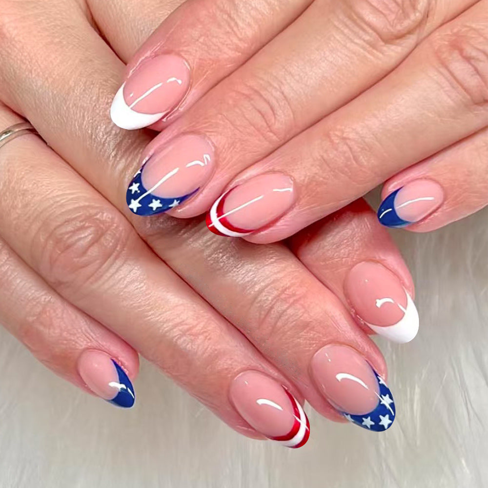 Patriotic Elegance Medium Almond Red White and Blue Stars Design Press On Nail Set