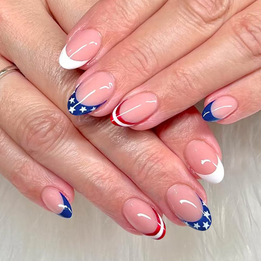 Patriotic Elegance Medium Almond Red White and Blue Stars Design Press On Nail Set