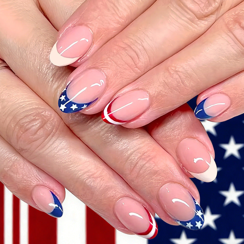 Patriotic Glamour Short Oval Blue Red and White with Star Design Press-On Nail Set