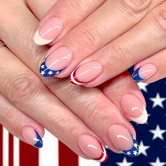 Patriotic Glamour Short Oval Blue Red and White with Star Design Press-On Nail Set