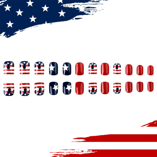 Patriotic Star Spangled Short Square Red Blue Press On Nail Set with Unique American Flag Design