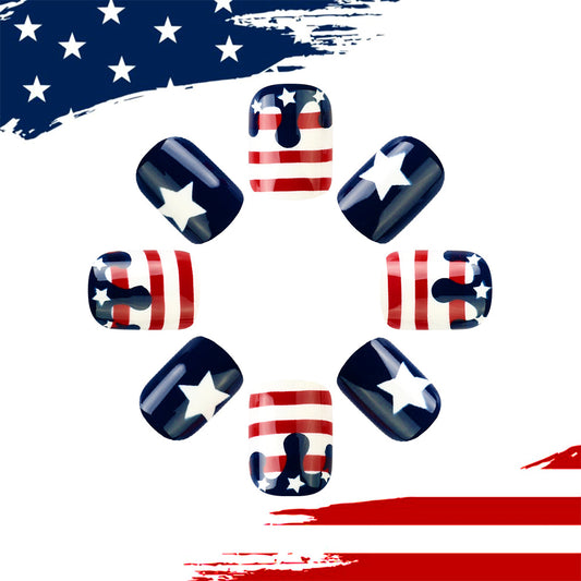 Patriotic Vibes Short Square Red White and Blue Nail Set with Star Pattern Design