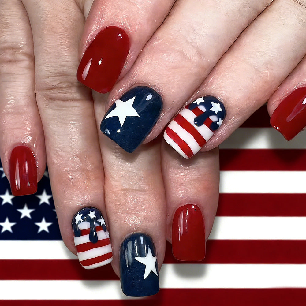 Patriotic Celebration Short Square Red and Blue Nails with Star and Stripes Design