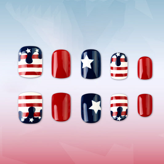 Patriotic Freedom Chic Short Square Multicolor Nail Set with Star and Stripe Designs