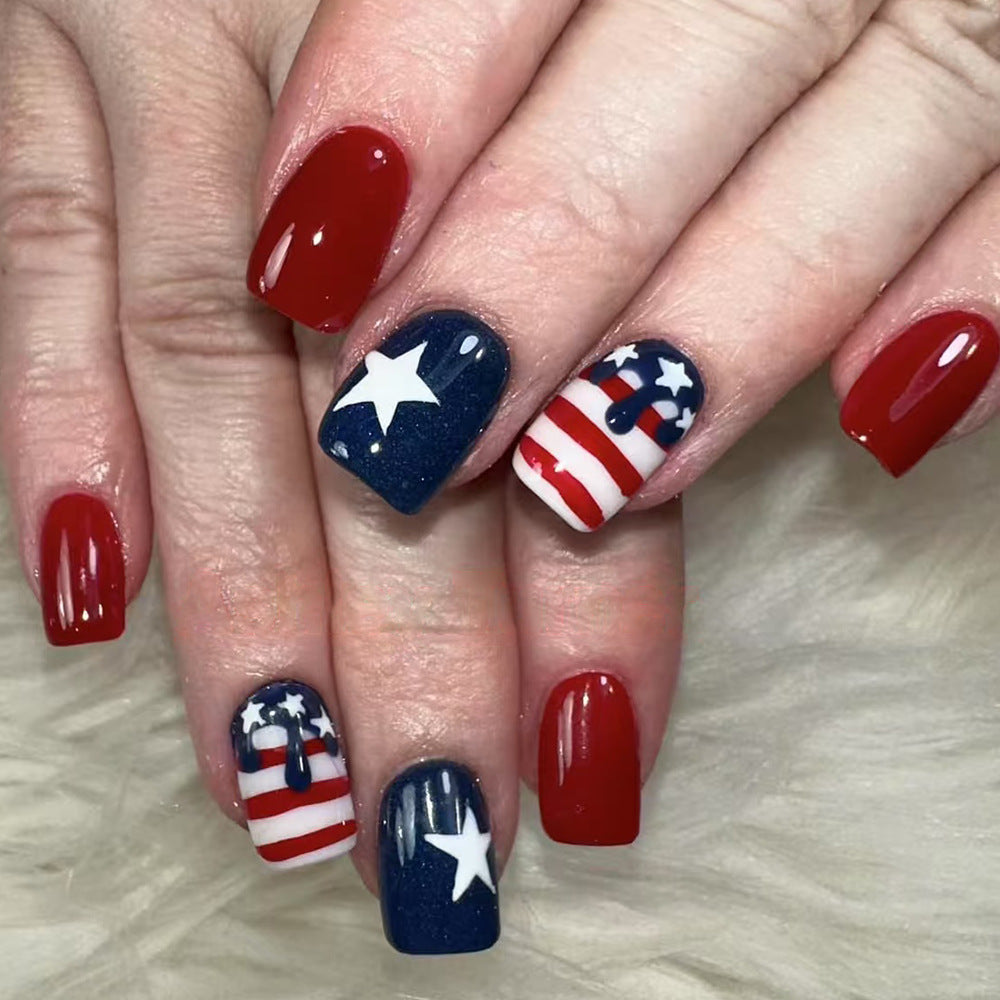 Patriotic Glamour Short Square Red and Blue Glitter Press On Nail Set Featuring Star and Stripe Designs