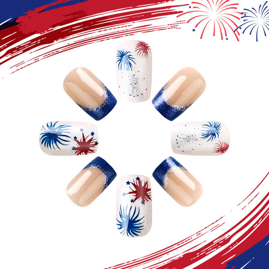 Celebratory Fireworks Inspired Medium Square Red Blue and White Glitter Ombre Press On Nail Set