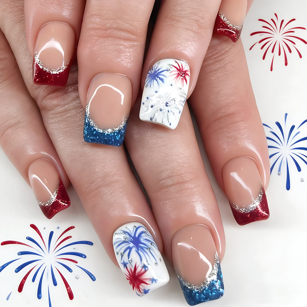 Festive Sparkle Short Square Red White and Blue Gel Press-On Nails with Glitter Accents