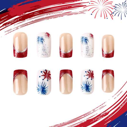 Festive Fireworks Inspired Medium Square Red and White Glitter Press On Nail Set with Blue Sparkle Design
