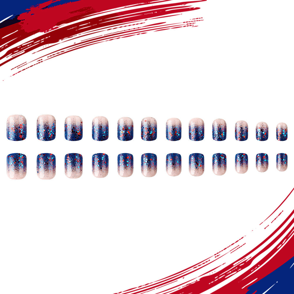 Patriotic Celebration Short Square Glitter Fade Press-On Nail Set in Blue and Red Shimmer Finish