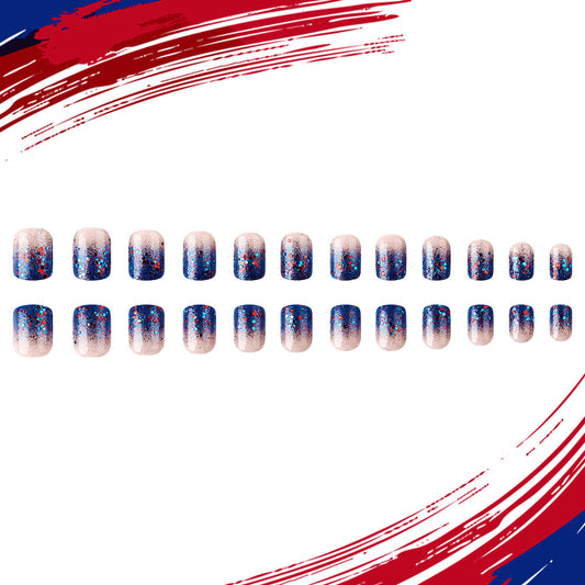 Patriotic Celebration Short Square Glitter Fade Press-On Nail Set in Blue and Red Shimmer Finish
