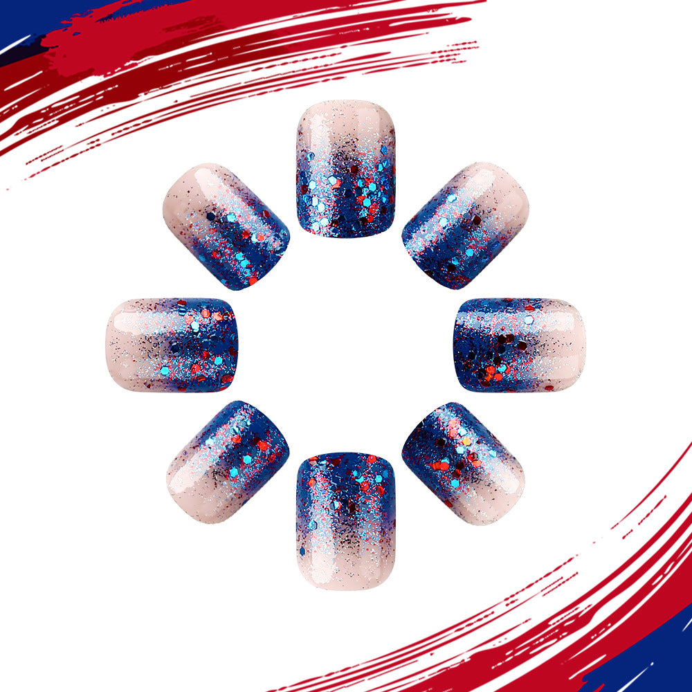Patriotic Chic Sparkling Short Square Red and Blue Ombre Press-On Nail Set
