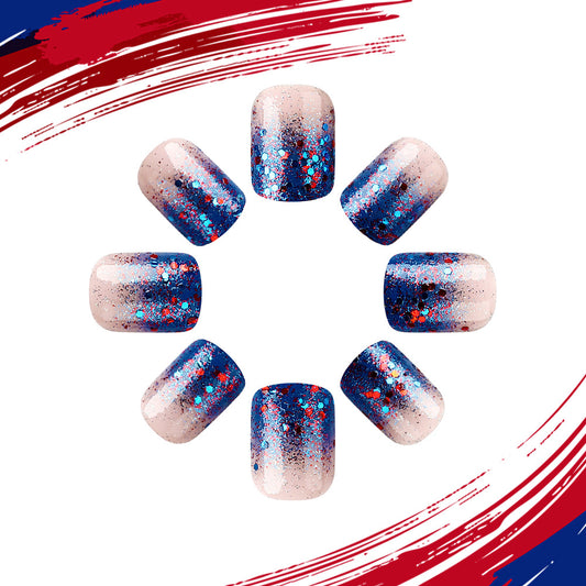 Patriotic Chic Sparkling Short Square Red and Blue Ombre Press-On Nail Set