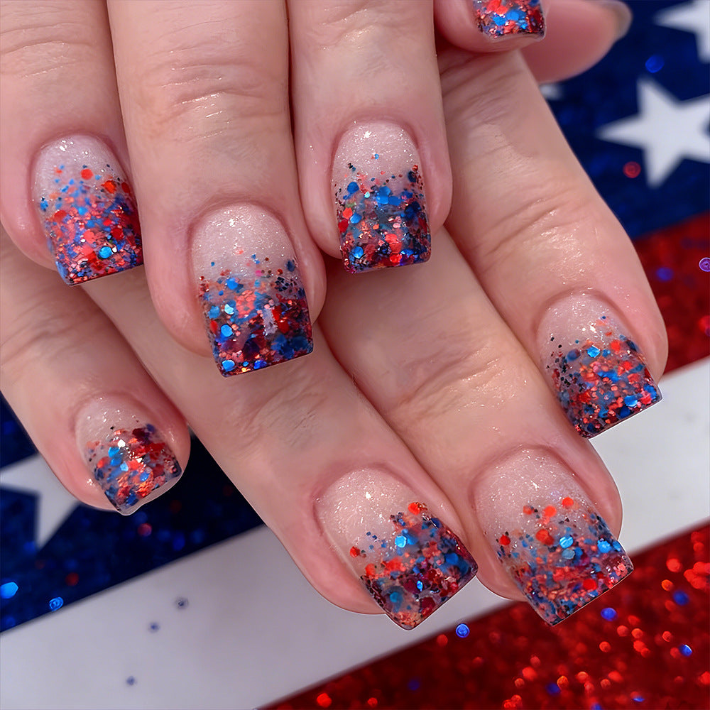 Patriotic Celebration Medium Square Glittery Red Blue and White Press on Nail Set