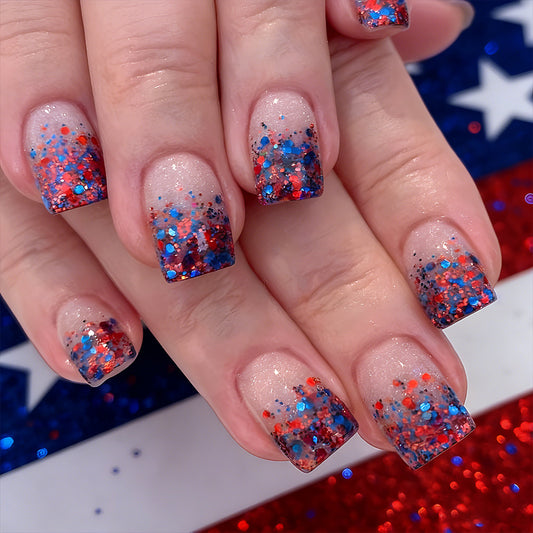 Patriotic Celebration Medium Square Glittery Red Blue and White Press on Nail Set