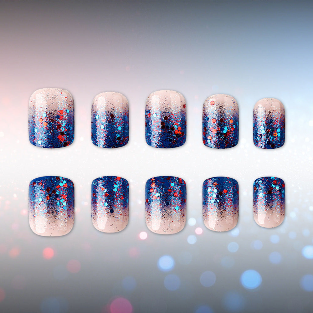 Cosmic Glamour Short Square Press On Nail Set in Gradient Blue and Glittering Multi-Colored Design
