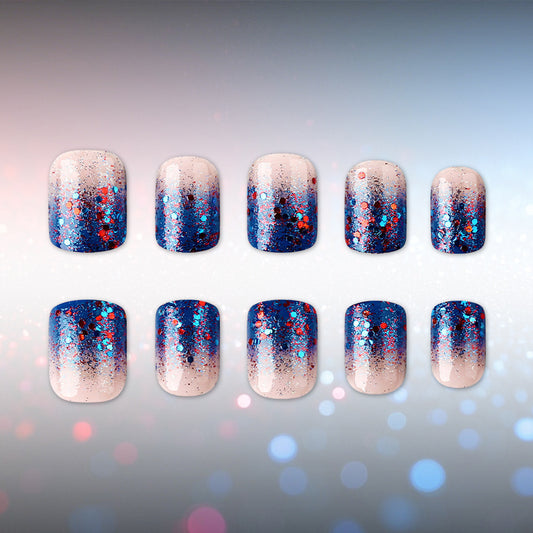 Cosmic Glamour Short Square Press On Nail Set in Gradient Blue and Glittering Multi-Colored Design