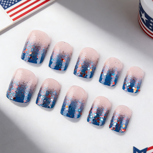 Patriotic Elegance Short Square Blue Ombre Glitter Press On Nail Set