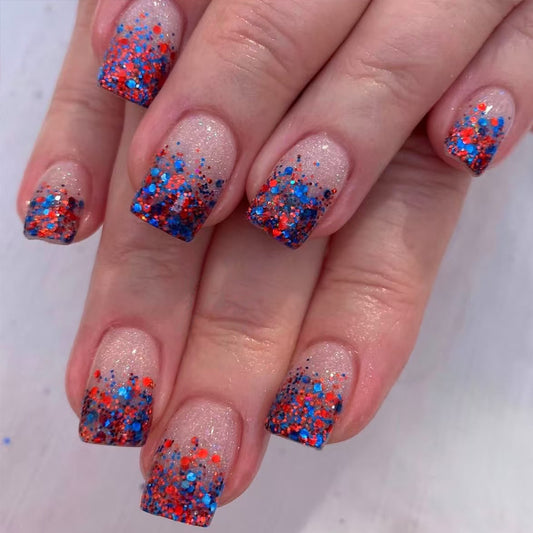 Festival Vibes Medium Square Transparent with Glittery Red and Blue Ombre Finish Press On Nail Set