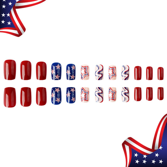 Patriotic Glamour Medium Square Red and Blue Nail Set with Stars and Stripes Design
