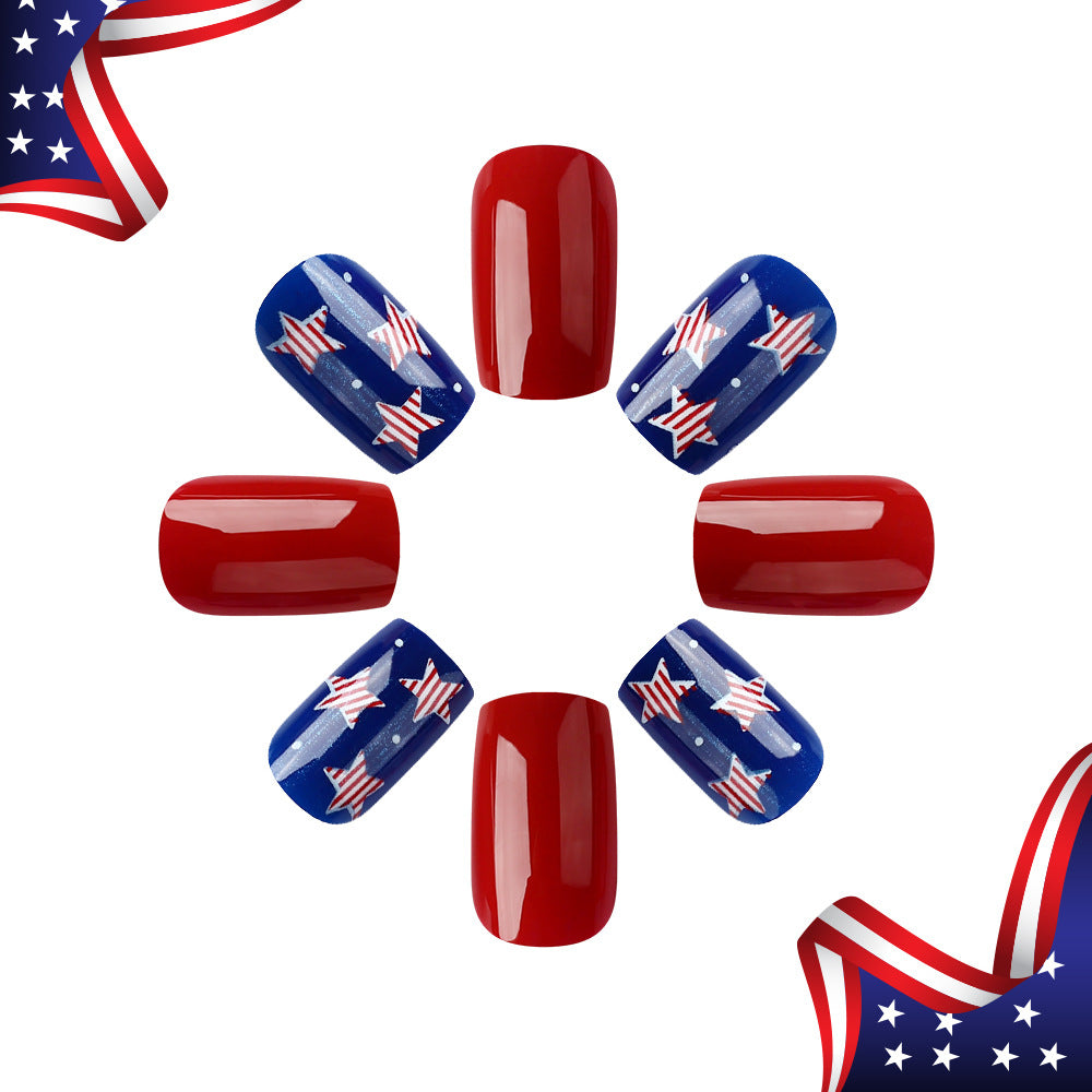Patriotic Charm Bold Medium Square Red and Blue Press On Nail Set with Starry Design