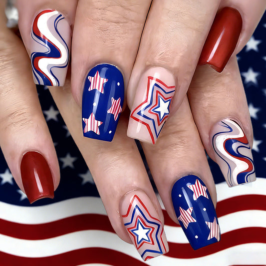 Patriotic Glamour Medium Coffin Red White and Blue Press On Nail Set Featuring Star and Swirl Designs