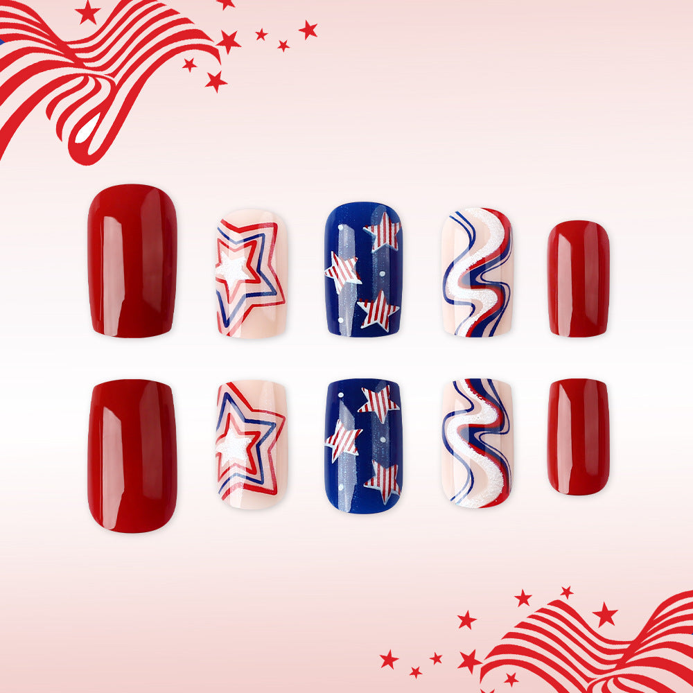 Patriotic Style Medium Square Red and Blue Nail Set with Star and Wave Designs