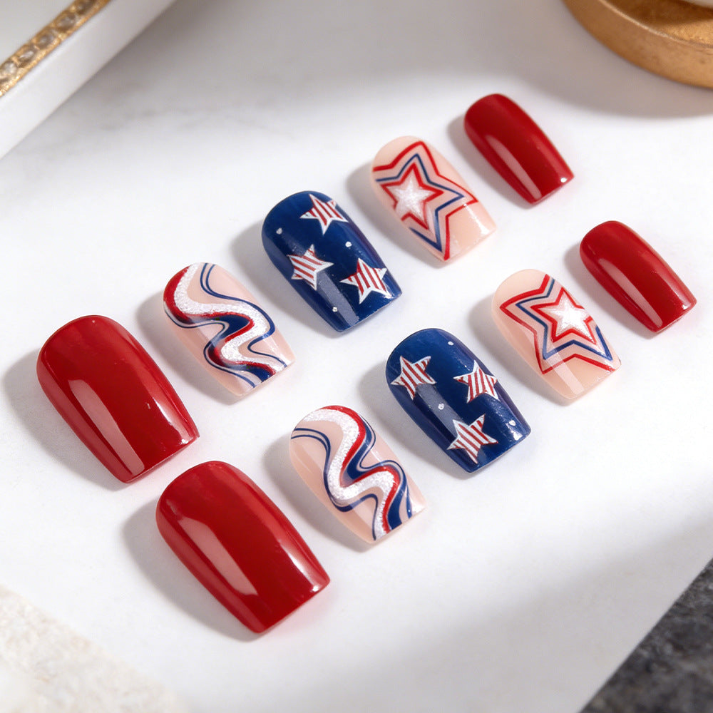 Patriotic Charm Medium Square Red and Blue Nail Set with Star and Wave Design