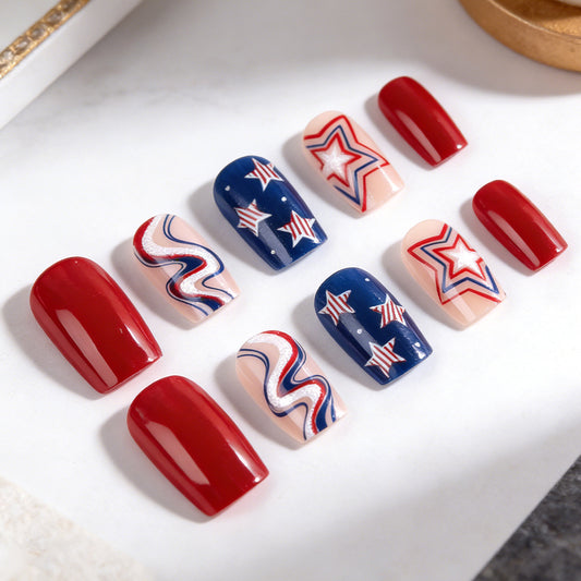 Patriotic Charm Medium Square Red and Blue Nail Set with Star and Wave Design