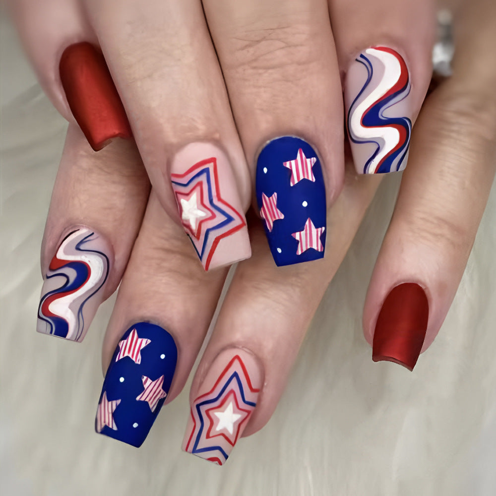 Patriotic Celebration Medium Coffin Red and Blue Star Themed Press On Nail Set with Unique Swirl Design