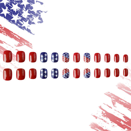 Nail art designs inspired by the American flag on a white background