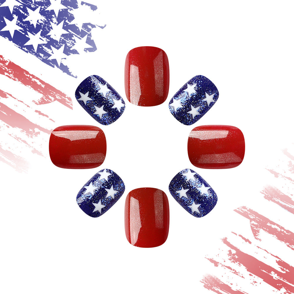 Patriotic Celebration Glossy Short Square Red and Blue Star Press on Nail Set