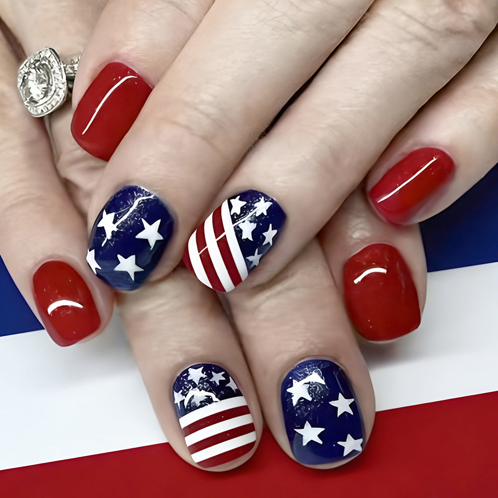 Patriotic Celebration Elegant Short Squoval Red Blue Stellar Design Press On Nail Set