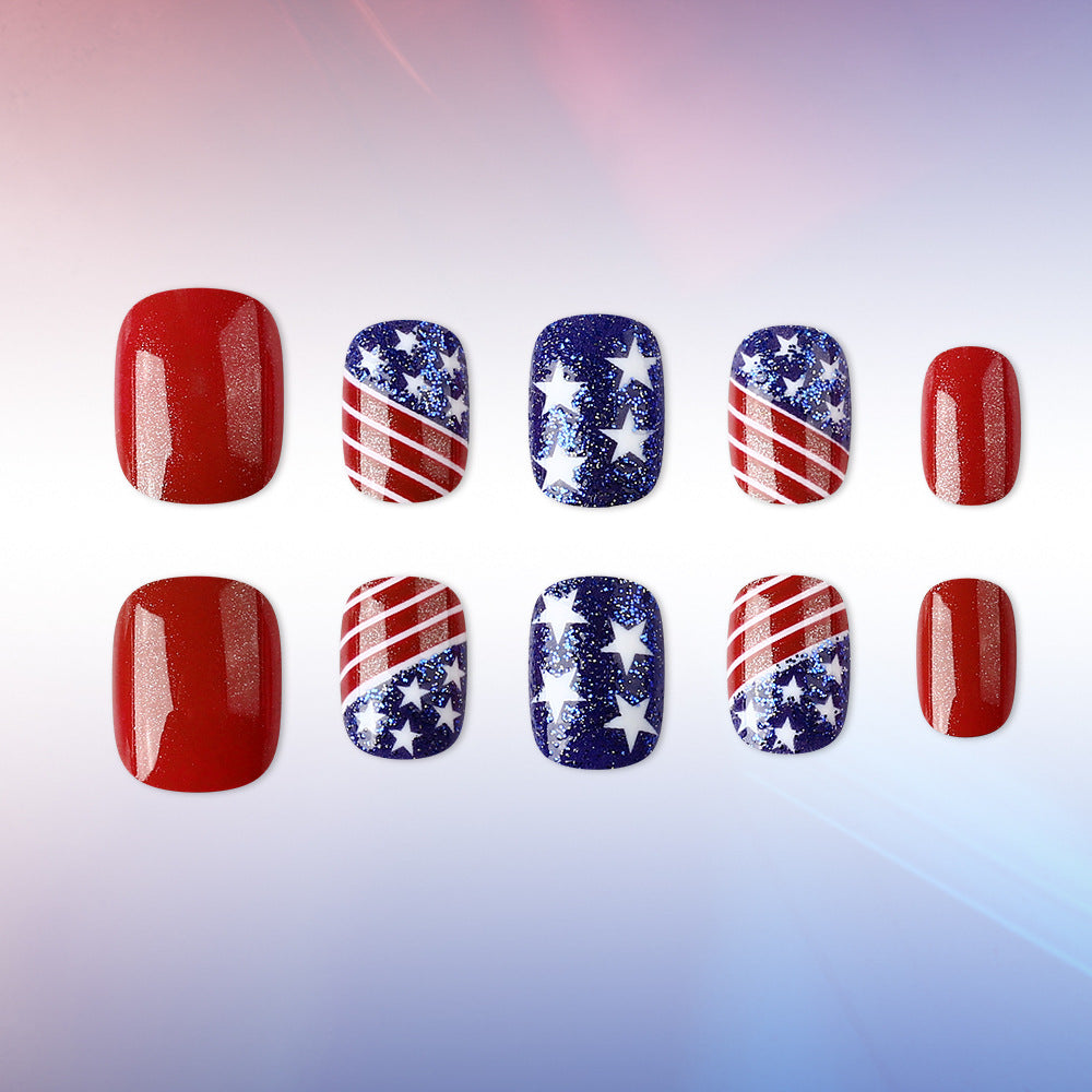 Festive Celebration Bold Short Squoval Red and Blue Glittery Star and Stripe Press-On Nail Set